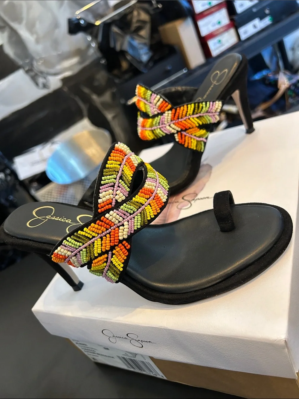 Jessica Simpson Black Heeled Slide Sandals with Multicolor Bead Embellishment - Picture 2 of 4